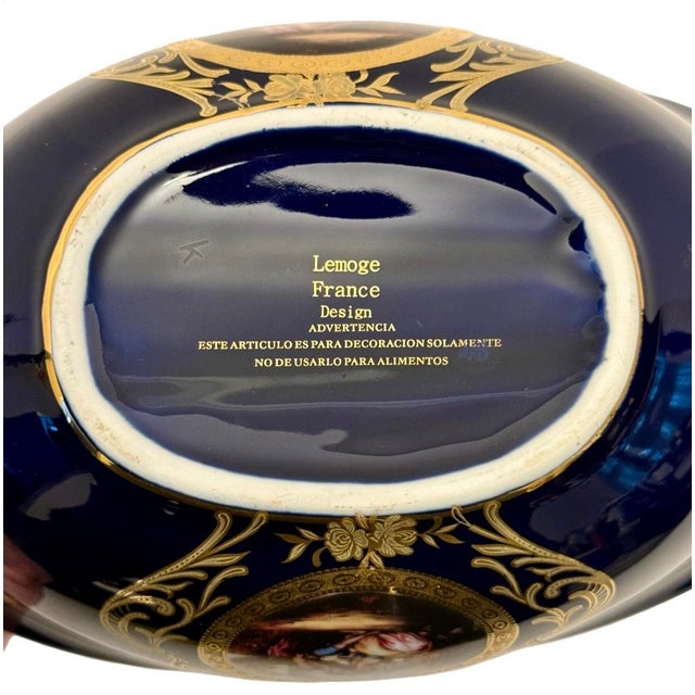 Blue Vintage Gilded Cobalt Blue Large Porcelain Basket Courting Couple Motif France. For Sale - Image 8 of 9