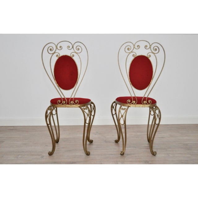 Set of Patinated Brass, Wrought Iron, and Velvet Side Chairs, 1970s For Sale - Image 3 of 7