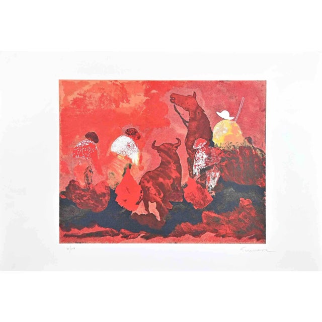 José Guevara, Bullfight in Red, Original Screen Print, 1989 For Sale