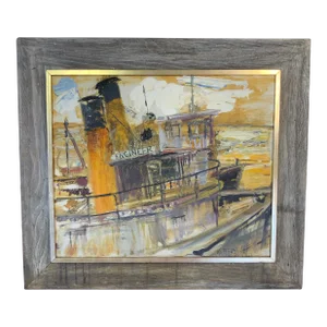 Mid Century Lawrence Kupferman Oil Painting of a Tugboat
