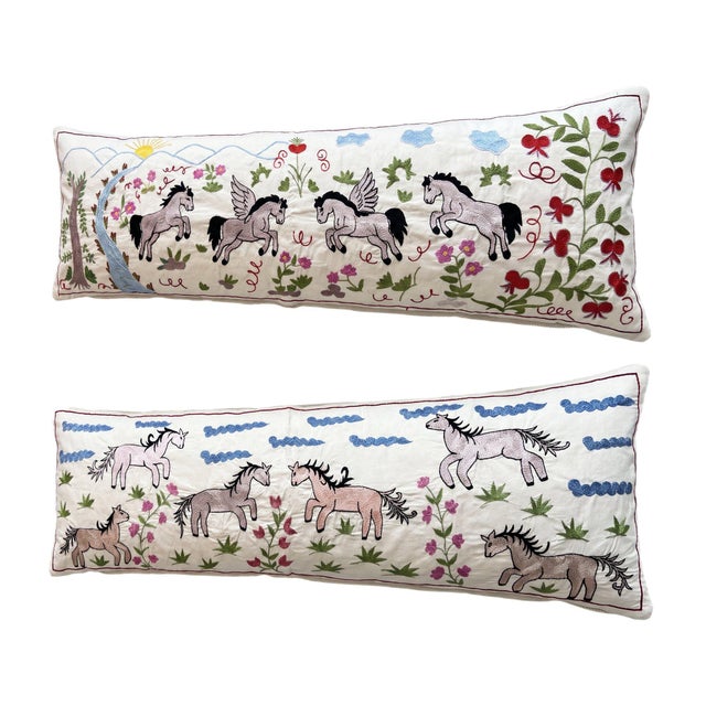 Mid-Century Modern White Horse Suzani Lumbar Pillow Cover 17'' X 52'' - Set of Two For Sale - Image 3 of 4