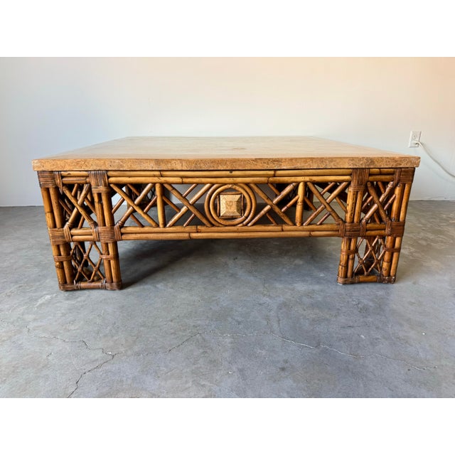 Vintage Monumental Chinoiserie Fretwork Bamboo & Leather Coffee Table With Tessella Top/Sold For Sale - Image 4 of 12