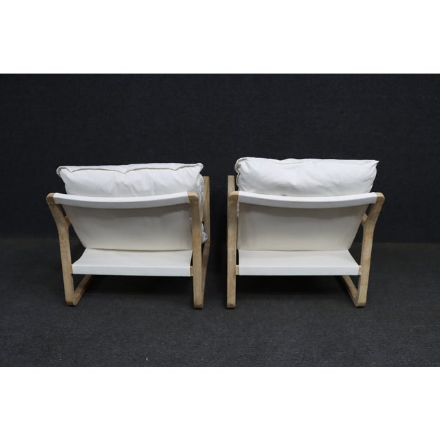 Linen Pair of Washed Oak Sling Lounge Chairs With White Linen Cushions For Sale - Image 8 of 10