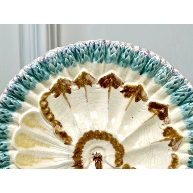 Antique Longchamp Majolica Asparagus Plate: French Barbotine Shell Motif For Sale - Image 11 of 15