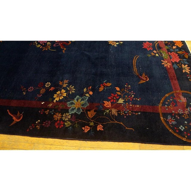 1920s Blue Navy Floral Medallion Vase Antique Chinese Art Deco Room Size Rug For Sale In New York - Image 6 of 9