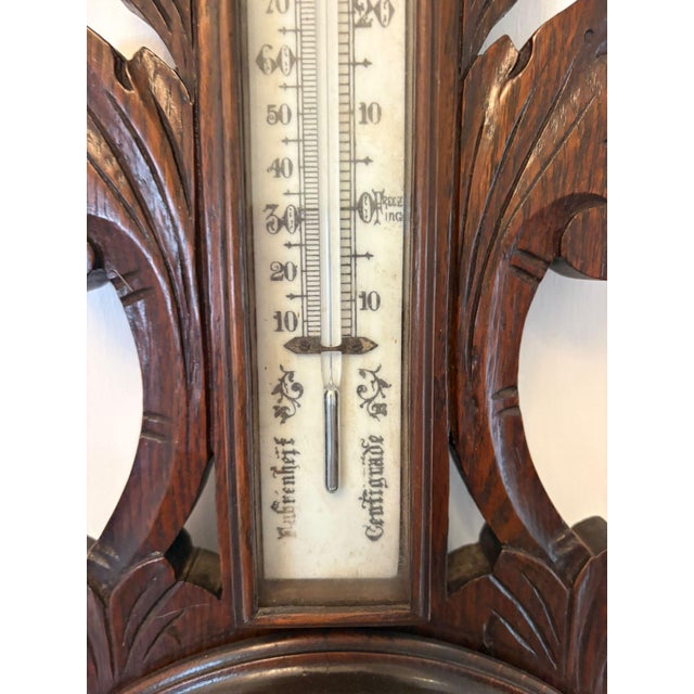 Brown Antique Carved Oak Aneroid Barometer with Thermometer, 1890 For Sale - Image 8 of 11