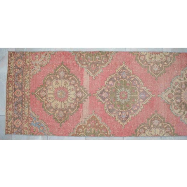 1960s Traditional Turkish Runner Rug Hand Knotted Distressed Low Pile Pink Hallway Decor For Sale - Image 9 of 13