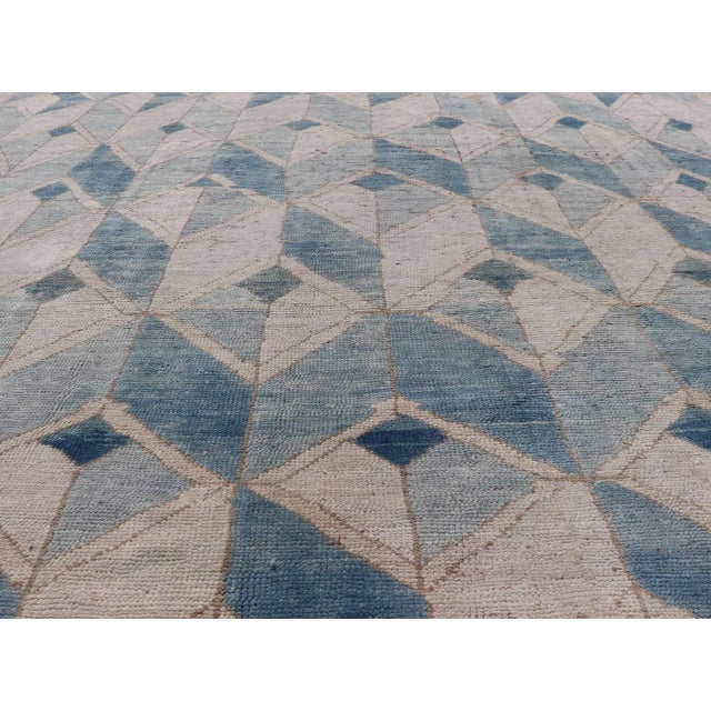 Mid 20th Century Square Vintage Turkish Oushak Kars Rug in Modern Design With Blue and Light Brown Colors For Sale In Atlanta - Image 6 of 12