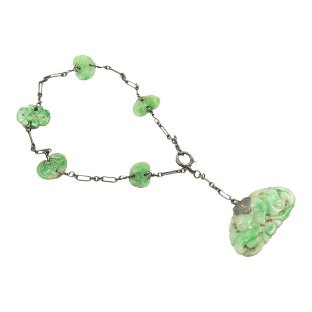 Antique Art Deco Carved Jade Leaf Sterling Silver Charm Pendant Bracelet For Sale