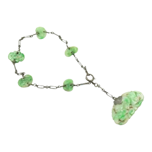 Antique Art Deco Carved Jade Leaf Sterling Silver Charm Pendant Bracelet