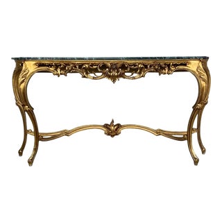 20th Century Baroque Style Carved Walnut Ormolu and Green Marble Console Table For Sale