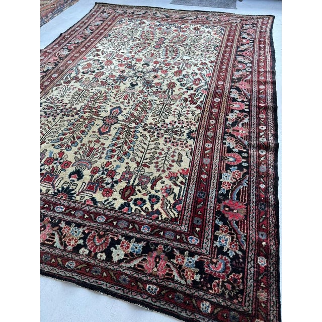 1940s 1940s NAIVE BOTANICAL BEAUTY Hamadan Sarouk with Creamy Buttery-Beige, Black, Rust & Greens Rug 8.8 x 12 For Sale - Image 5 of 5