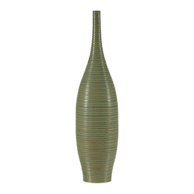 Late 20th Century Tall Ribbed Artisan Ceramic Vase with Green Glaze and Narrow Neck For Sale - Image 5 of 13