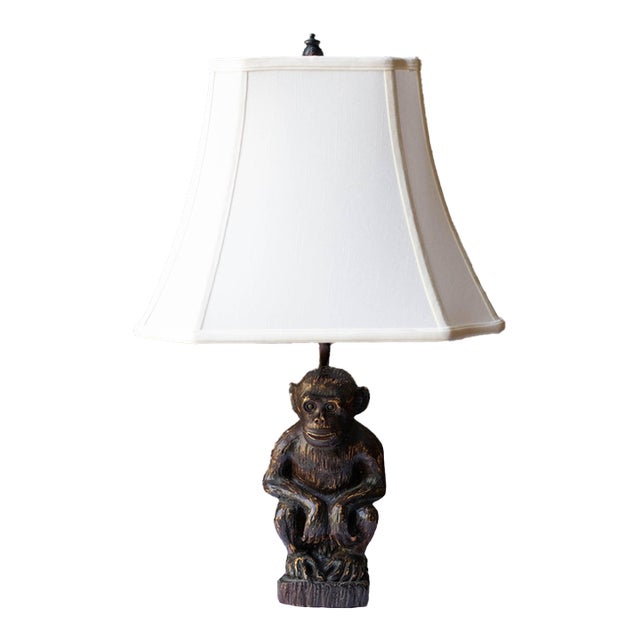 Vintage Mid Century Monkey Figural Table Lamp – Whimsical Animal Lighting – Bell Shade For Sale