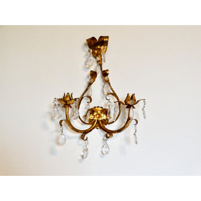 Metal ItalianTole Gold Double Arm Candle Sconce With Crystals For Sale - Image 7 of 12