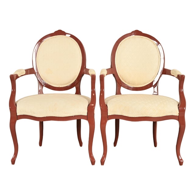 Karges Style French Provincial Louis XV Brown Lacquered Armchairs, Pair For Sale