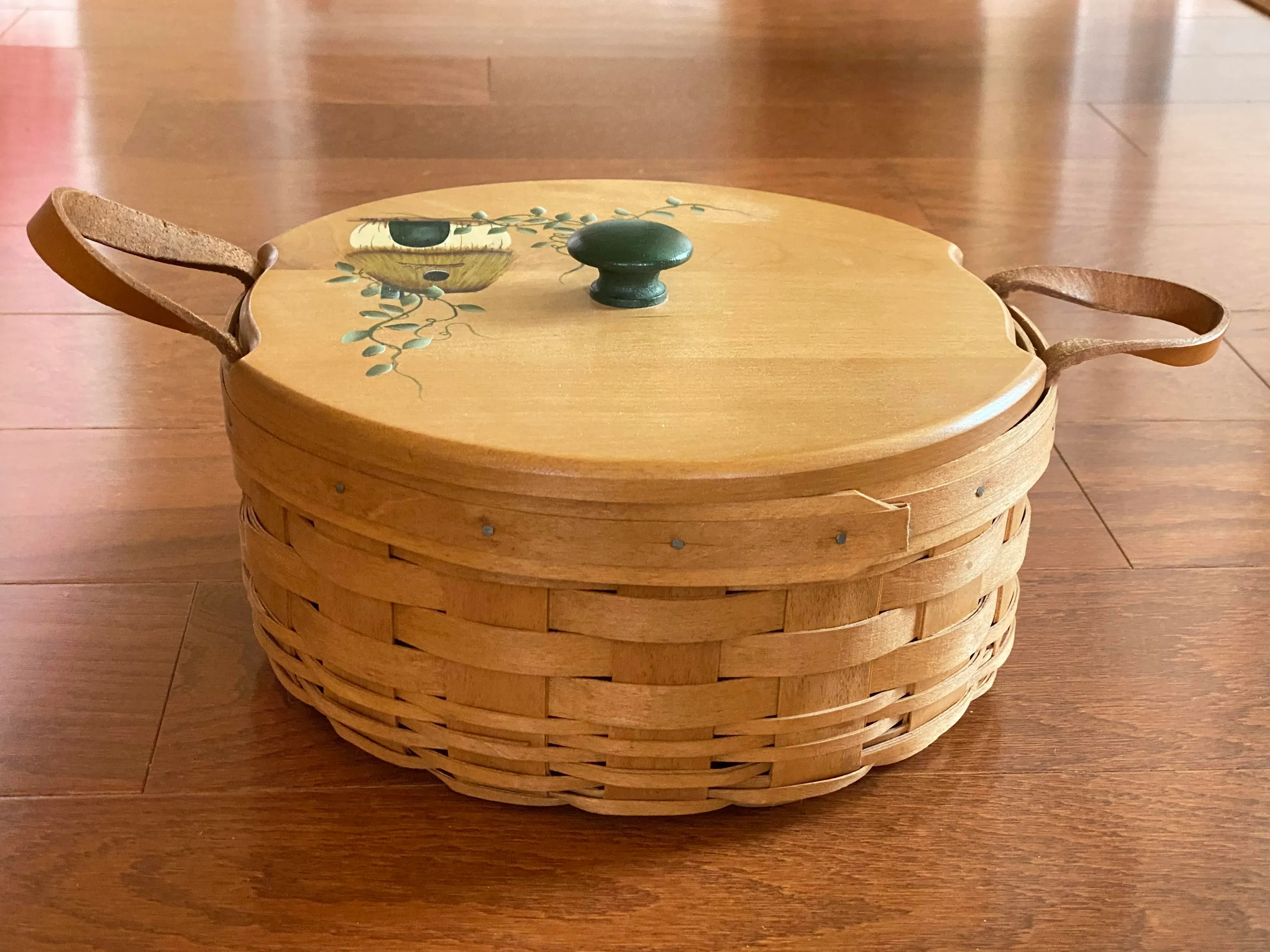 New Vtg. 1992. Longaberger Basket, Leather Handles Hand Painted