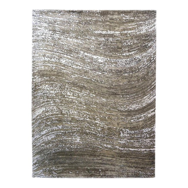 Indian Modern Wool & Silk 9x12 Taupe, Ivory & Grey Handmade Area Rug #1143858 For Sale