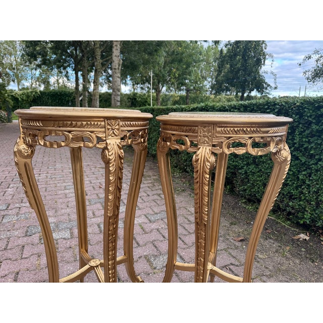 1970s French Louis XVI Gold Beech Marble Side Tables- Pair For Sale - Image 4 of 14