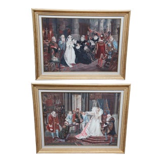 Set of 2 Vintage Elizabethan 16th Century Court Scene Framed Prints 41" For Sale