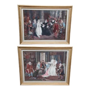 Set of 2 Vintage Elizabethan 16th Century Court Scene Framed Prints 41"