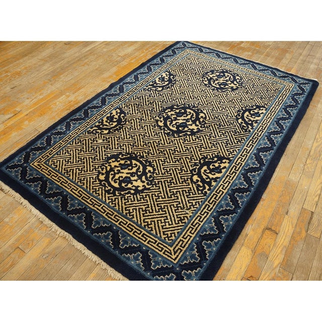 1920s Blue Medallion Antique Chinese Peking Dragon Greek Key Knotted Wool Rug For Sale In New York - Image 6 of 10