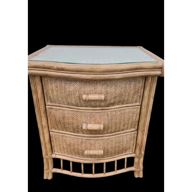 1990s Vintage Natural Wicker Henry Link Style Glass Top 3 Drawer Night Stands- A Pair For Sale - Image 5 of 10