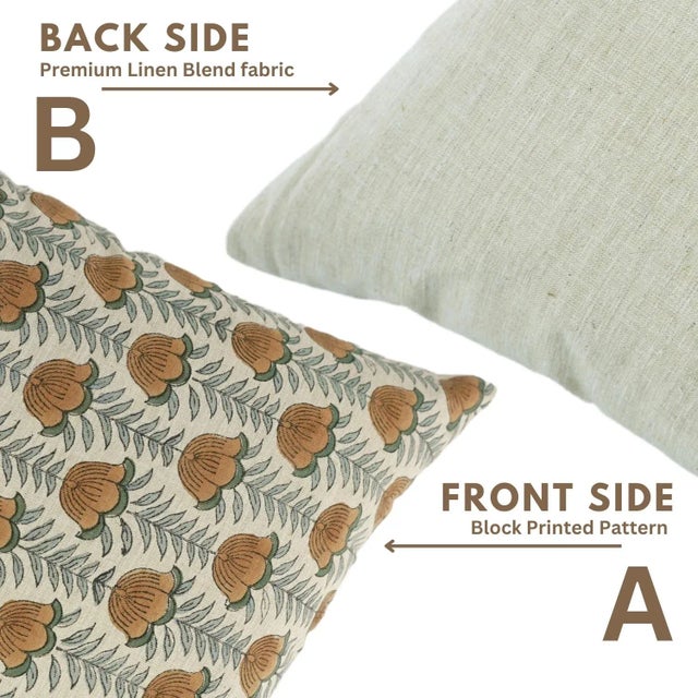 Fabdivine Handcrafted Block Lotus Print Linen Blend Cushion Cover- 20x20 For Sale - Image 4 of 5