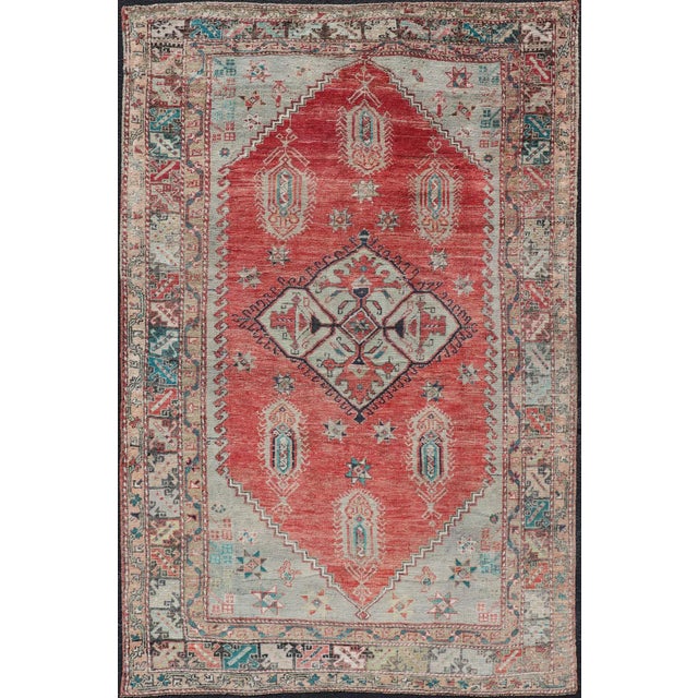 Antique Turkish Oushak Rug With Red, Soft Blue, Teal, and Cream Accents For Sale - Image 13 of 13