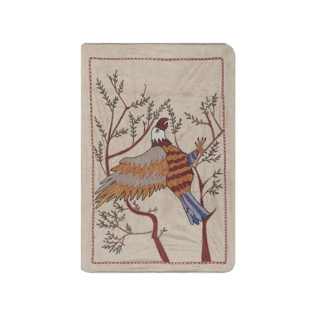 Silk Suzani Hawk Tapestry on the Branch, Pictorial Suzani Wall Hanging Decor, Bukhara Tablecloth 1'8'' X 2'4'' Dimension;...