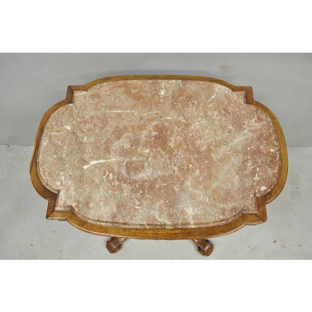 Victorian Antique Eastlake Victorian Carved Walnut Marble Top Parlor Lamp Side Table For Sale - Image 3 of 14