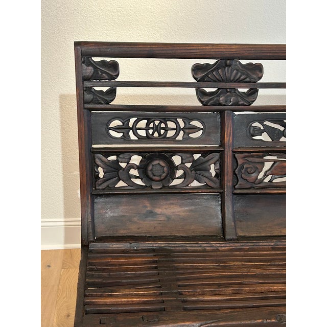 Large Antique 66.125”l Shanxi Carved Wood Bench For Sale - Image 9 of 13