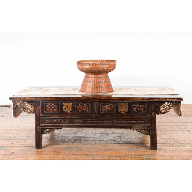 A Thai vintage woven rattan fruit market basket from the mid 20th century, with pedestal base. Created in Thailand during...