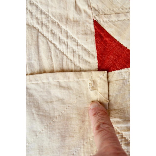 Early 20th C Red and White Pinwheel Style Pattern Hand-Stitched Cotton Quilt For Sale - Image 13 of 16