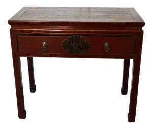 Red-Lacquered Chinese Circa 1900 Two-Drawer Desk with Brass Hardware