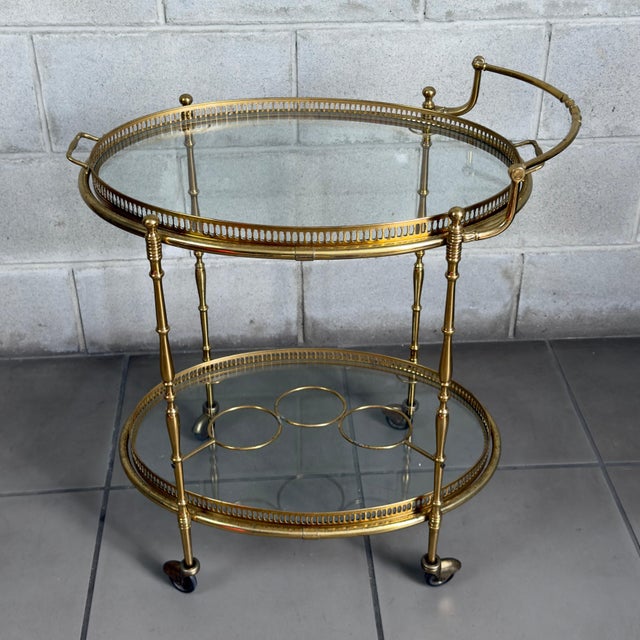 Vintage Brass Glass Food Cart in the style of Maison Jansen, 1960s For Sale - Image 15 of 15