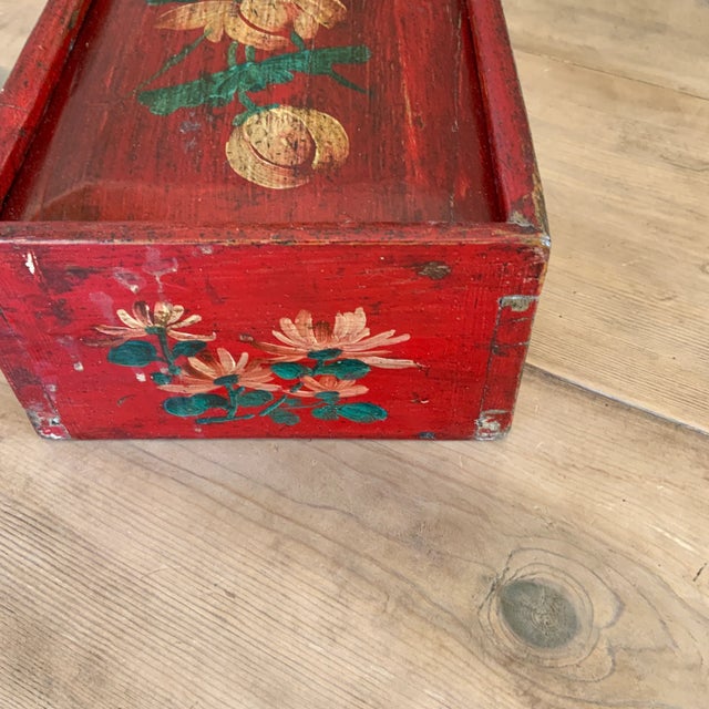 Late 19th Century Antique Gansu Wooden Painting Box with Red With Floral Design For Sale - Image 5 of 9