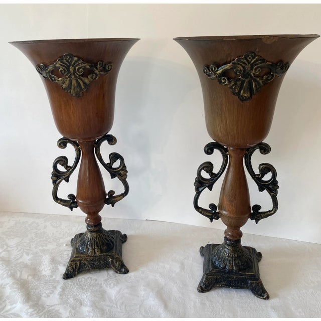 Late 20th Century Neoclassical Borghese Style Metal Vases Pair Vintage For Sale - Image 5 of 10