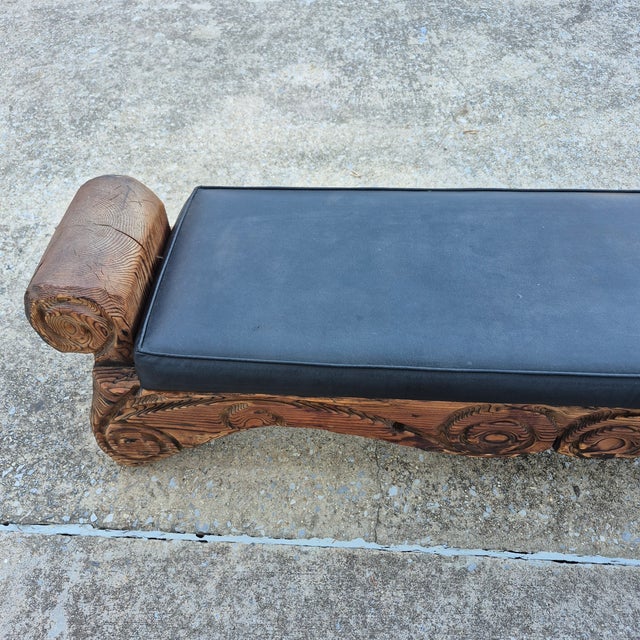 1960s Mid-Century William Westenhaver for Witco Attributed Tiki Polynesian Black Faux Leather & Carved Bench For Sale - Image 5 of 10