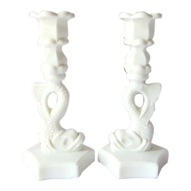 Vintage Westmoreland White Milk Glass Dolphin Serpent Koi Fish Candlesticks-Set of 2 For Sale