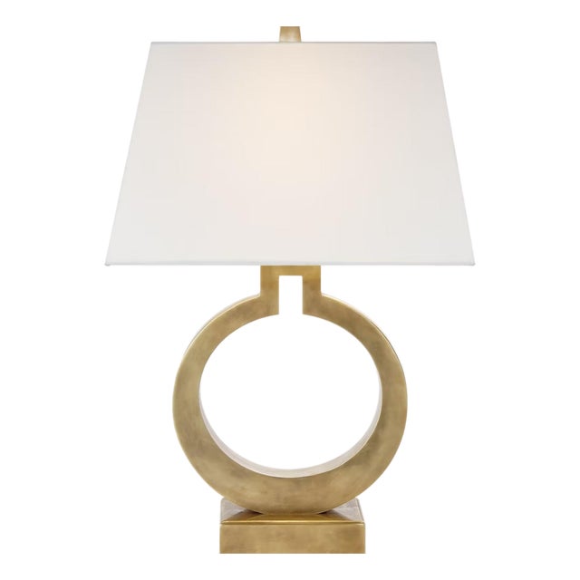Chapman & Myers by Visual Comfort Signature Ring Form Large Table Lamp in Antique-Burnished Brass with Linen Shade For Sale