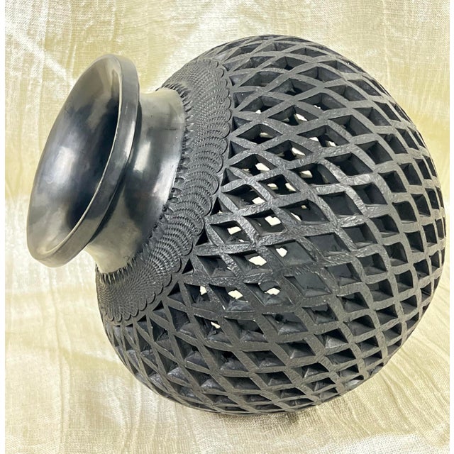Hand-Carved Barro Negro Lattice Vessel, Sculptural Black Pottery Lantern Form For Sale - Image 10 of 11