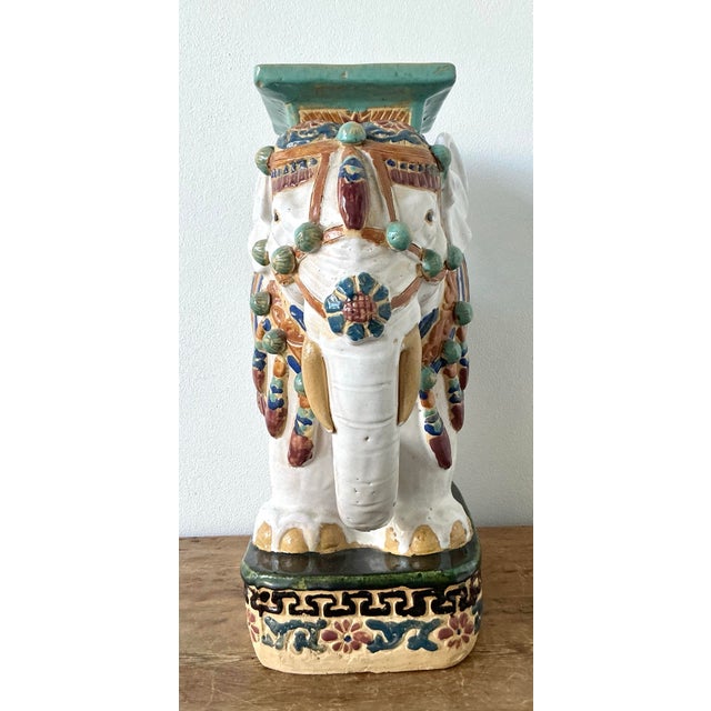 White Vintage Boho Glazed Ceramic Low Elephant Stool For Sale - Image 8 of 12