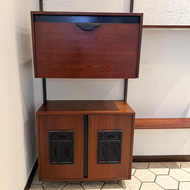 Mid-Century Modern Vintage 1960s Mid Century Modern Walnut Wall Unit, Custom Modular Shelving Brutalist Iron Accents For Sale - Image 3 of 10