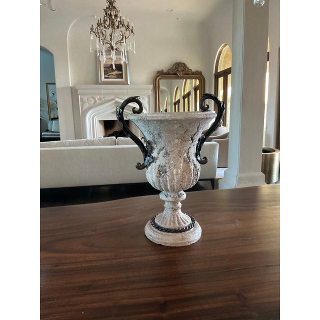 Beige Vintage 20th Century Distressed Stone and Decorative Iron Urn For Sale - Image 8 of 11