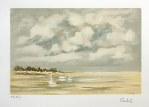 1980s French Impressionist Style Nautical Seascape Lithograph
