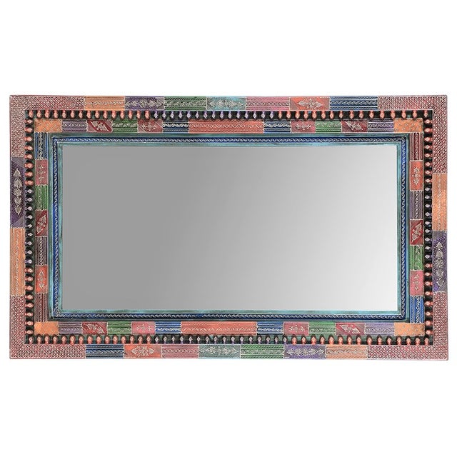 1990s Colorful Wall Mirror 60"x36" | Hand Painted Ornate Wood Frame Mirror | Eclectic Bohemian Wall Art | Vibrant Statement Entryway Decor For Sale - Image 5 of 5