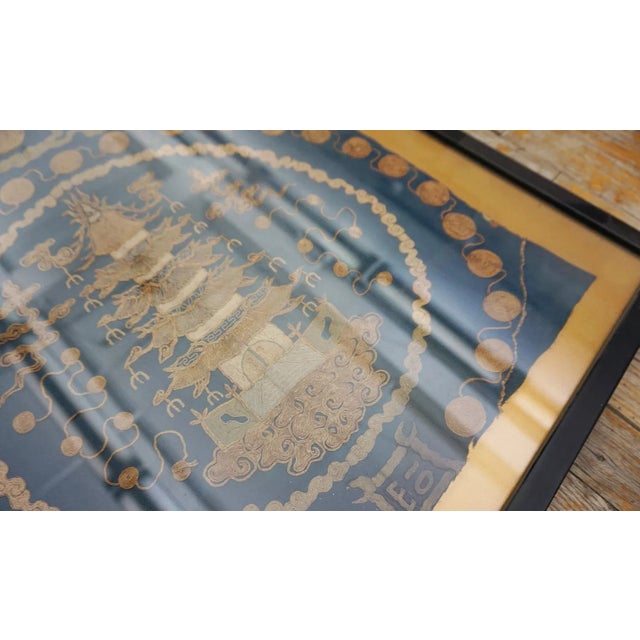 1800s Blue Scenic Architectural Antique Chinese Silk Embroidery 1'9"x 1'10" Flatweave Carpet Rug For Sale - Image 11 of 12