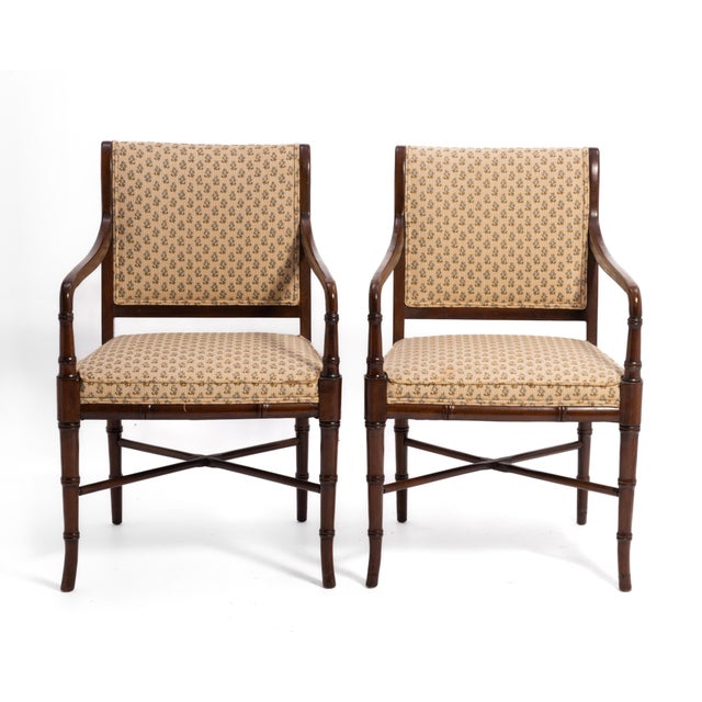 Wood Regency Style Mahogany Bamboo Armchairs With Original Upholstery - A Pair For Sale - Image 7 of 15