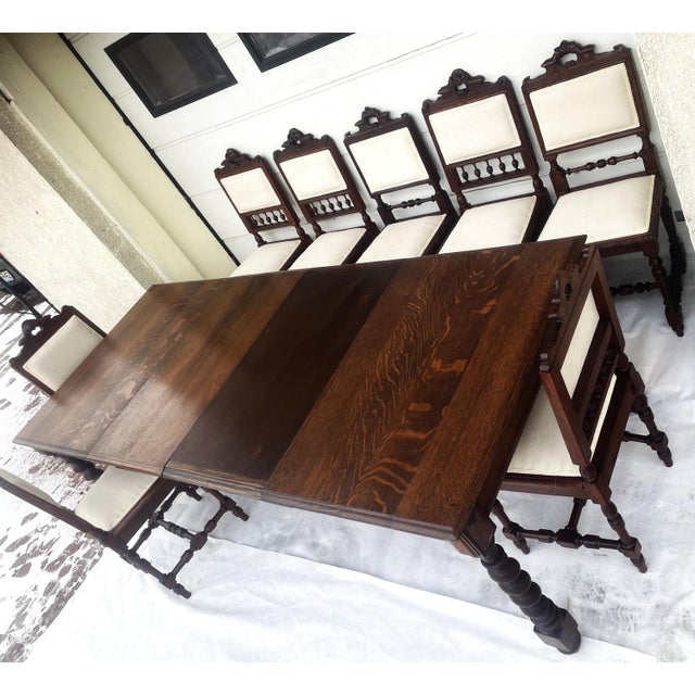 Antique Oak Extendable Dining Table and Chairs, 1900-1930, Set of 9 For Sale - Image 9 of 18